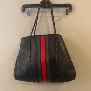 Haute Shore Greyson tote-Black, green and red stripe.